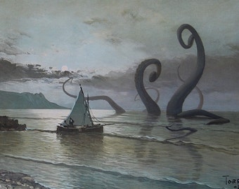 4" by 6" postcard print, "Kraken" Altered Thrift Store Art