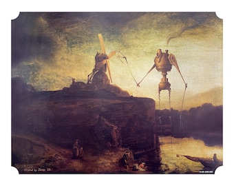 May include: A painting of a windmill in a landscape with a steampunk robot standing in the foreground. The robot has long, spindly legs and is holding a rope attached to the windmill. The sky is cloudy and the ground is brown. The painting is titled "Altered by James 22".