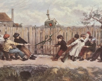 May include: A group of children play tug-of-war with a rope attached to a large, metallic robot with a red light in its chest. The robot is perched on top of a wooden fence. The children are dressed in various clothing, including hats and long pants. The scene is set in a rural area with a wooden fence and a building in the background.