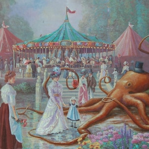 Impressão de cartão postal de 4" por 6", arte alterada de brechó "Polvo na feira"