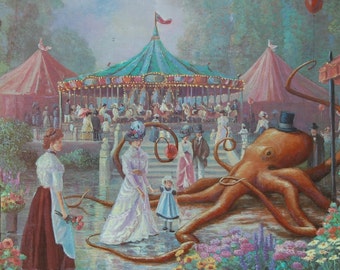 Octopus at the Fair: 4x6 postcard print, Altered Thrift Store Art