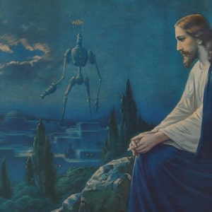 Impressão de cartão postal de 4" por 6", arte alterada de brechó "Jesus Vs Bot"