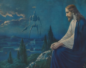 4" by 6" postcard print, "Jesus Vs Bot" Altered Thrift Store Art