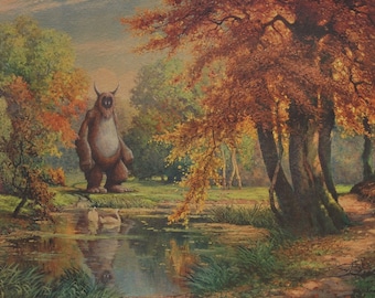 4" by 6" postcard print, "Monster and Swans" Altered Thrift Store Art