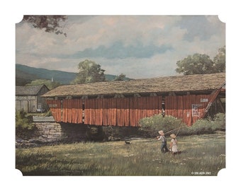 May include: A painting of a red covered bridge with two children fishing in a stream. The bridge is a wooden structure with a shingled roof. The children are standing in a grassy field with a black dog nearby. The painting is titled "Rise and Shine" by Jason Jones.