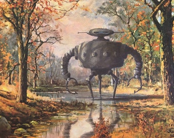 4" by 6" postcard print, "Autumn Woods Bot" Altered Thrift Store Art