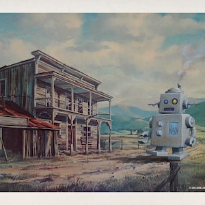 May include: A vintage-style robot with a silver body and yellow eyes stands in front of a weathered wooden building. The robot has a steam pipe coming out of its head and is standing on a wooden post. The building is a saloon with a sign that reads "Saloon". The scene is set in a Western landscape with mountains in the background.