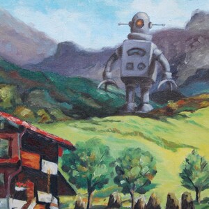 Impressão de cartão postal de 4" por 6", "Mountain Bot" Arte alterada de loja de artigos usados