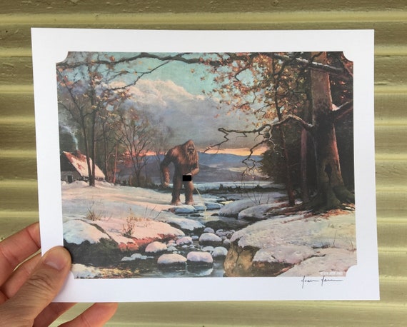Bigfoot Art Print: Altered Vintage Painting, Humorous Sasquatch