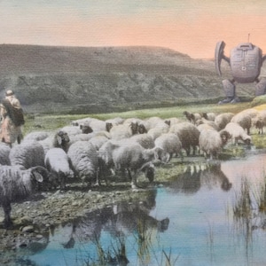4"x6" Postkartendruck, "Shepherd and Bot" Altered Thrift Store Art