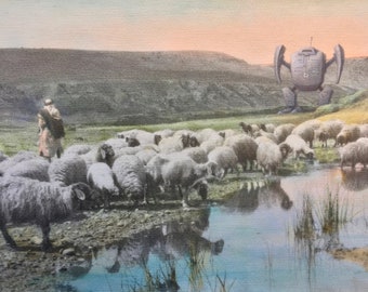 4" by 6" postcard print, "Shepherd and Bot" Altered Thrift Store Art