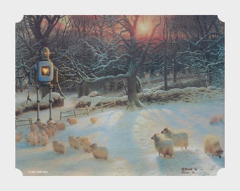 May include: A robot with a glowing heart in its chest stands in a snowy forest. The robot is surrounded by sheep, and the sun is setting in the background. The text "Altered by Jones '14" is in the bottom right corner.