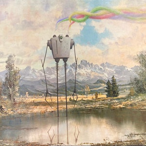 Impression de carte postale de 10 x 15 cm, oeuvre d'art modifiée « Robot à vapeur arc-en-ciel »