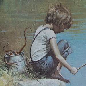 Impressão de cartão postal de 4" por 6", arte alterada de brechó "Boy Fishing"