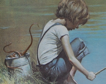 4" by 6" postcard print, "Boy Fishing" Altered Thrift Store Art