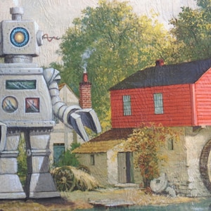 Impressão de cartão postal de 4" por 6", arte alterada de brechó "Bot at the Mill"