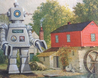 4" by 6" postcard print, "Bot at the Mill" Altered Thrift Store Art