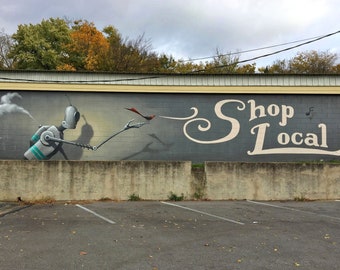5" by 7" postcard print of "Shop Local Robot" Mural in Fayetteville, Arkansas