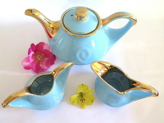 Vintage Aladdin Teapot Creamer Sugar Bowl Pearl China Blue Turquoise Gold Trim