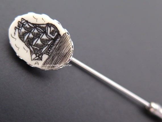 Vintage Scrimshaw Stick Pin Ship Hat Stickpin Nautical Beret Needle Silver Tone Free Shipping US