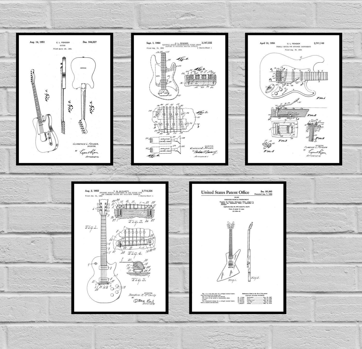 Guitar Patents Set Of 5 Prints Guitar Prints Guitar Posters Guitar Blueprints Guitar Art Guitar Wall Art Guitar Guitar Gift Sp477