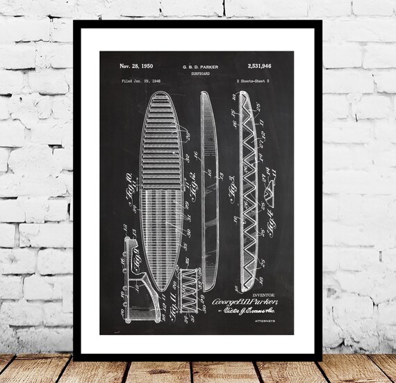 Surf Blueprint Patent Poster Wall Art Print Board Patentprints Surfboard Surfing P042