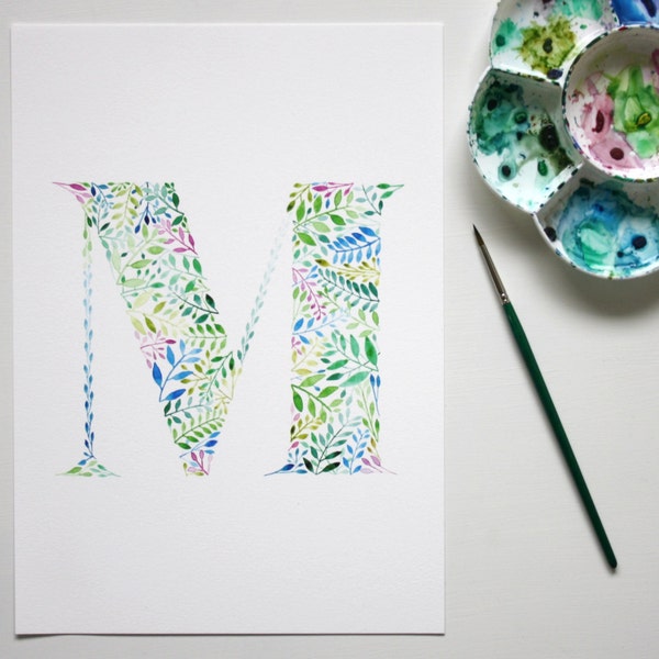 Watercolour Initial Print, Botanical Wall Art, Hand Painted Nursery Print, Letter M Artwork, M Painting