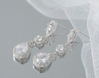 GREGORIA | bridal crystal teardrop earrings, diamante bridal wedding drop crystal earrings, dangle cubic zirconia bridesmaid earrings