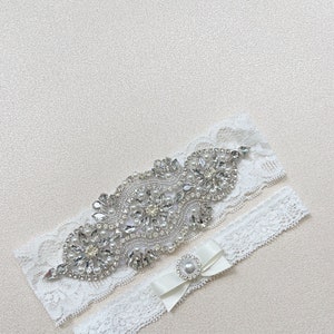 Best seller white lace wedding garter set with crystals-pearls, perfect lingerie bridal accessory for ivory gown and bridesmaid gift