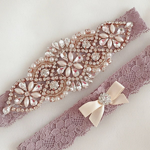 Best seller! Dusty mauve and rose gold wedding garter single/set with crystals and pearls, lingerie for lavender/purple/rose gold weddings