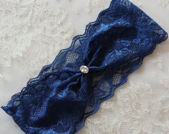 XS - Large Simple blue wedding garter with little crystal, something blue lace bridal garter belt,floral lace stretch garter for curvy bride