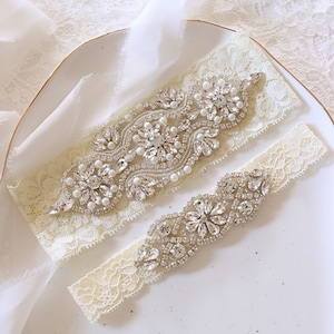 Best seller ivory lace wedding garter set with crystals and pearls, perfect lingerie bridal accessory for ivory gown and bridesmaid gift