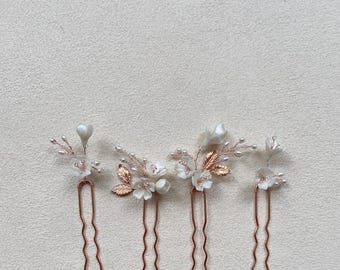 LAURA | Rose gold bridal hair pins with pearl ivory flowers and leaves, wedding hair pieces for rustic vintage style wedding hairstyle