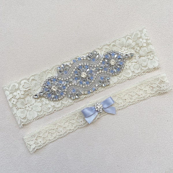 Best seller detailed blue crystals and ivory lace wedding garter set/toss, something blue lingerie/bridesmaid gift for the romantic bride