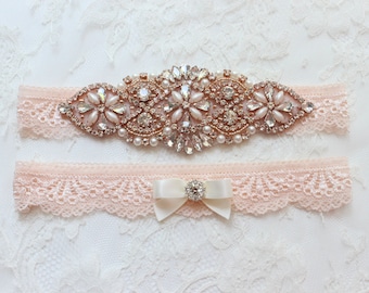 Blush and rose gold Wedding Garter Set with pearls and crystals, perfect lingerie accessory for the romantic modern  bride