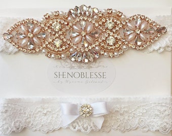 Best seller rose gold and white lace wedding garter set with crystals, perfect bridal lingerie accessory to match your ivory bridal dress