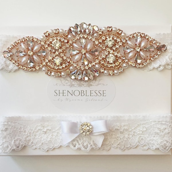 Best seller rose gold and white lace wedding garter set with crystals, perfect bridal lingerie accessory to match your ivory bridal dress