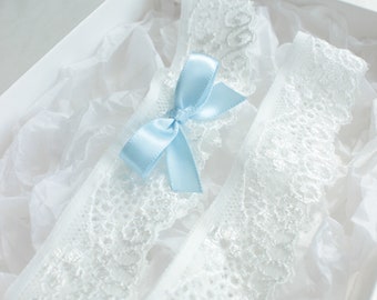 EMMA | Wedding Garter Set,Light Blue Wedding Garter,Simple Lace Bridal Garter, Off White Lace Wedding Garter,Dusty Blue Garter Set,Lingerie