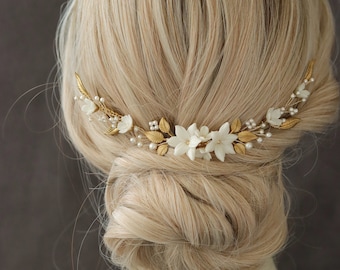 ELODIE | Bridal Headpiece with gold Leaves, Gold bridal hair comb, Boho wedding comb, Bridal hair accessories with pearls and flowers