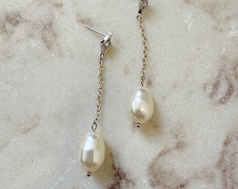 GINNA | pearl wedding earrings for bride, chain pearl wedding earrings, long drop classic pearl earrings, wedding accessories jewellery