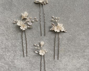 MARIA / Horquillas para el pelo de novia de plata con flores de marfil perlado, perlas y cristales, piezas para el pelo de boda para un estilo rústico vintage