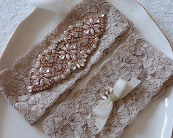 XS - Plus size cashmere/moka colour lace wedding garter set with grip, crystal and pearl embellishments in rose gold, ideal for curvy brides