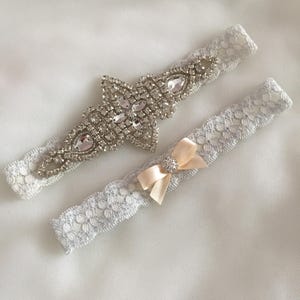 Kenna | Dusty pale blue wedding garter made with light blue floral lace and crystals for modern wedding, something blue accessories