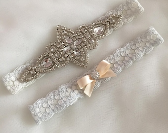 KENNA | Jarretières Mariée Dentelle Bleue Claire Poudrée,Jarretièes Strass Perles,Quelque Chose de Bleu Mariage,Accessoire Bijoux Mariée