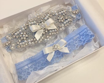 Elegant wedding blue garter single or set made with light blue floral lace, crystals and pearls, perfect something blue gift for the bride