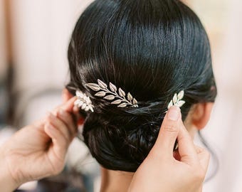 ANDY | Set of 3 silver 925 plated leaf hair pins,hair pins with leaves for modern and vintage style weddings,simple bridal hair accessories