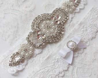 Art deco white wedding garter single/set with crystals and pearls, will match any bridal gown and will be a great gift from bridesmaid