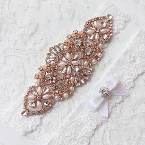 Best seller rose gold and white lace wedding garter set with crystals, perfect bridal lingerie accessory to match your ivory bridal dress