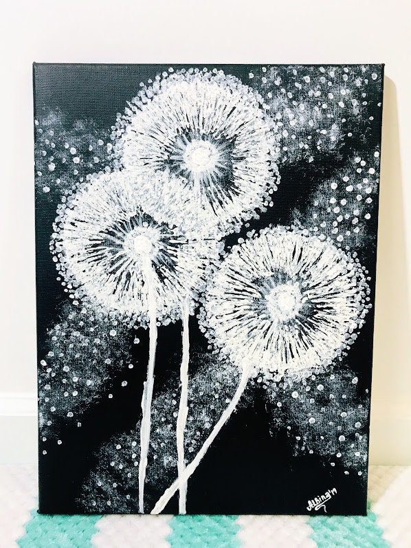 Alone with a dandelion. 小型油絵 抽象画 ハンドメイド Cute Dandelions | Original | Acrylic Painting| 12 X 16