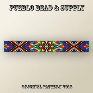 May include: A colorful beaded pattern with a geometric design in shades of blue, red, green, yellow, black, and white. The pattern is symmetrical and features a central motif of a flower. The text "PUEBLO BEAD & SUPPLY" appears at the top of the image, and the text "ORIGINAL PATTERN 2018" appears at the bottom.